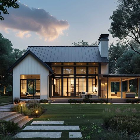 3+ Single Story Modern Farmhouse Exterior Elements for a Chic Country Home • 333+ Art Images Modern Farmhouse Exterior Renovation, Minimal Farmhouse Exterior, Modern Country Architecture, Modern Farmhouse Bungalow Exterior, Split Garage House Plans, Modern Farmhouse Style Homes, Modern Additions To Traditional Homes, Farmhouse Bungalow Exterior, Farmhouse With Addition