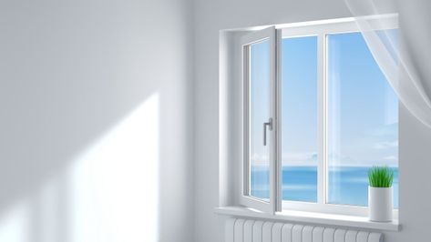 The open white modern plastic window in ... | Premium Photo #Freepik #photo #technology #nature #office #sky Milgard Windows, Window Glass Replacement, Impact Windows, Plastic Window, Roof Siding, Upvc Windows, Room Window, Plastic Windows, Best Windows