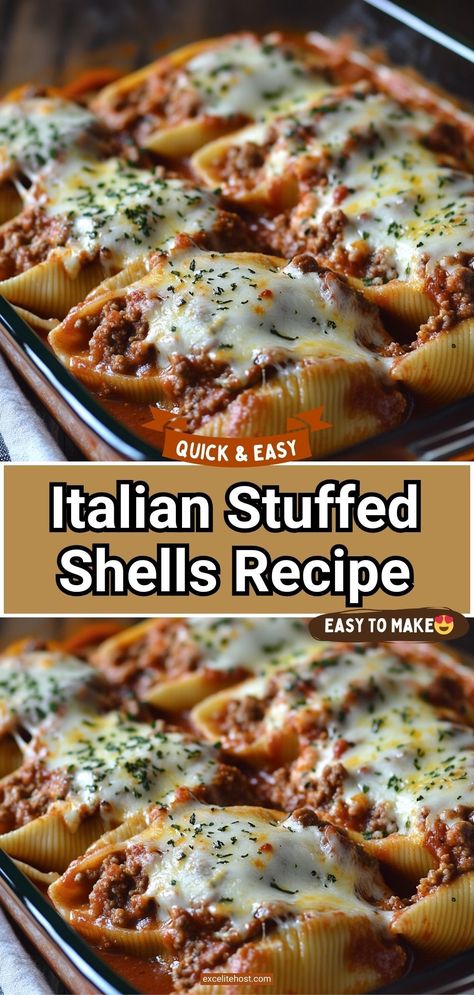 Bring Italy to your table and enjoy a great dinner tonight! Easy Italian Dishes For Potluck, Easy Sunday Dinners Families, Oven Baked Meals Dinner Tonight, Thanksgiving Recipes Italian, Stuffed Giant Shells, Italian Shells Stuffed, Sunday Dinner Ideas Pasta, Italian Dishes For A Crowd Parties, Baked Shells