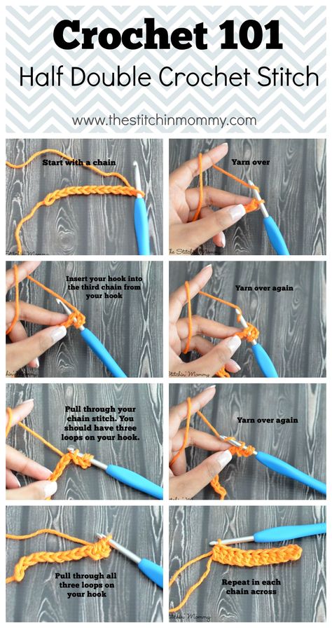 Crochet 101 - Half Double Crochet Stitch www.thestitchinmommy.com Foundation Half Double Crochet, Beginning Crochet, Crochet 101, Half Double Crochet Stitch, Beginner Crochet Tutorial, Beginner Crochet Projects, Crochet Lessons, Crochet Stitches For Beginners, Pola Sulam