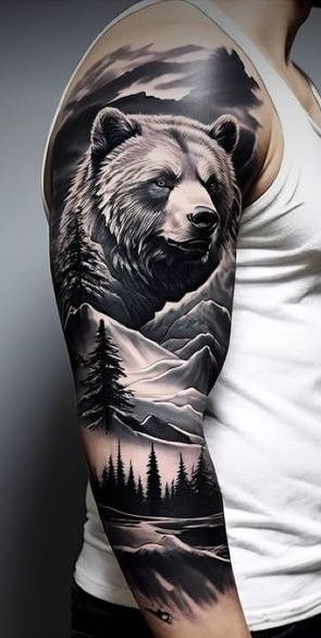 Big Bear Tattoo, Black Bear Tattoo, Grizzly Bear Tattoos, Fly Fishing Tattoo, Bird Tattoo Sleeves, Wildlife Tattoo, Bear Tattoo Designs, Hunting Tattoos, Animal Sleeve Tattoo