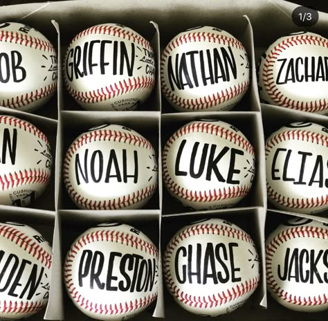 Names lettered on baseballs for players end of the season gift by @LittleChalkShop Baseball Tournament Ideas, Tball Coach, Baseball Team Party, Baseball Senior Night, Baseball Team Mom, Baseball Treats, Baseball Snacks, Baseball Things, Team Mom Baseball