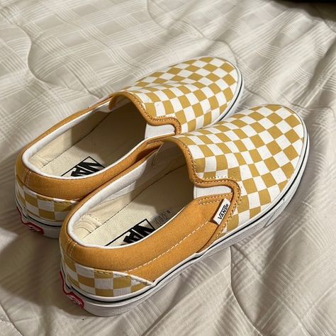 Yellow Checkered Slip On Vans Yellow Nike Shoes, Yellow Checkered, Yellow Vans, Slip On Vans, Vans Checkered, Checkered Vans, Yellow Nikes, Cute Nike Shoes, Cute Nikes