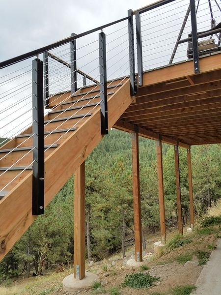 Cable Deck Railing, Cottage Deck, Wire Deck Railing, Cottage Stairs, Black Railing, Cable Railing Deck, Stainless Steel Cable Railing, Front Stairs, Steel Pergola