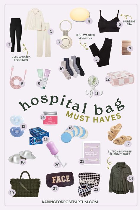 hospital bag must haves | Karing for Postpartum Hospital Bag Must Haves, Baby Hospital Bag Checklist, Bag Must Haves, Mom Checklist, Hospital Bag For Mom To Be, Postpartum Must Haves, Packing Hospital Bag, Pregnancy Hospital Bag, Postpartum Care Kit