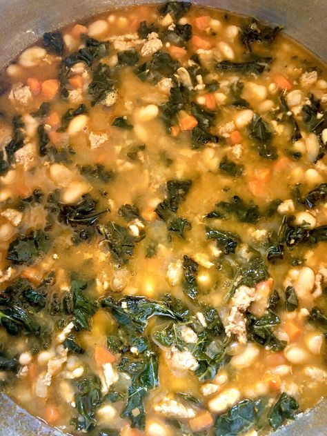 Lemony White Bean Soup with Turkey and Greens Lemony White Bean Soup, Bean Sausage Soup, White Bean Sausage Soup, White Bean Sausage, Soup With Turkey, Bean Sausage, Healthy Hearty Meals, Bean And Sausage Soup, Sausage Soup Recipes