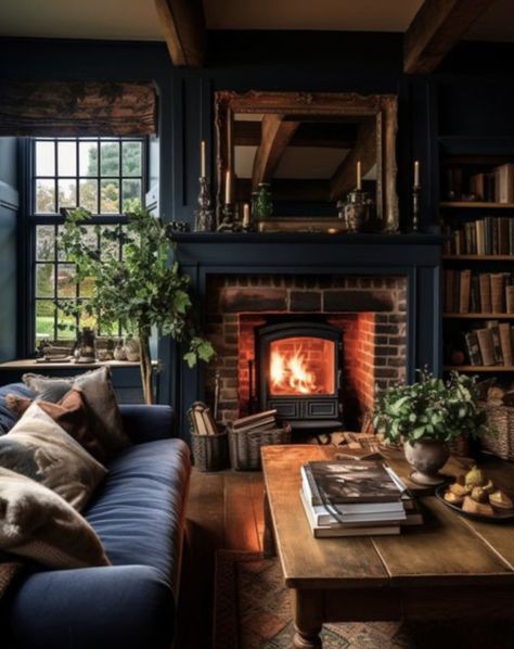 Cozy Dens With Fireplace, Moody Colonial Living Room, Modern Living Room With Log Burner, Wood Burning Stove Fireplace Surround, Cosy English Cottage, Moody Reading Rooms, Blue Moody Living Room, Outlander Inspired Home Decor, Dark Academia Fireplace