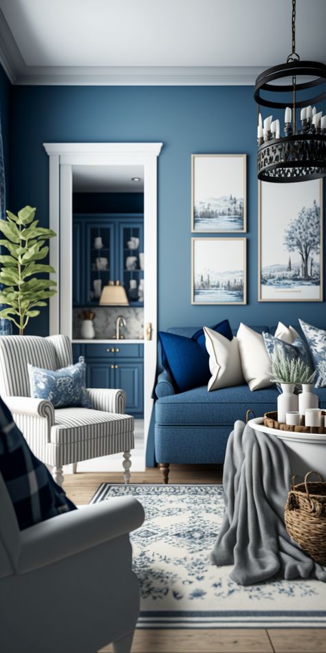 Cozy Blue &  White Living Room Design Ideas Living Room Decorating Ideas Modern, Blue White Living Room, Blue Wallpaper Living Room, Small Kids Playroom, Blue Family Rooms, Living Room Inspiration Cozy, Kids Playroom Ideas, Monochromatic Interior Design, Monochromatic Room