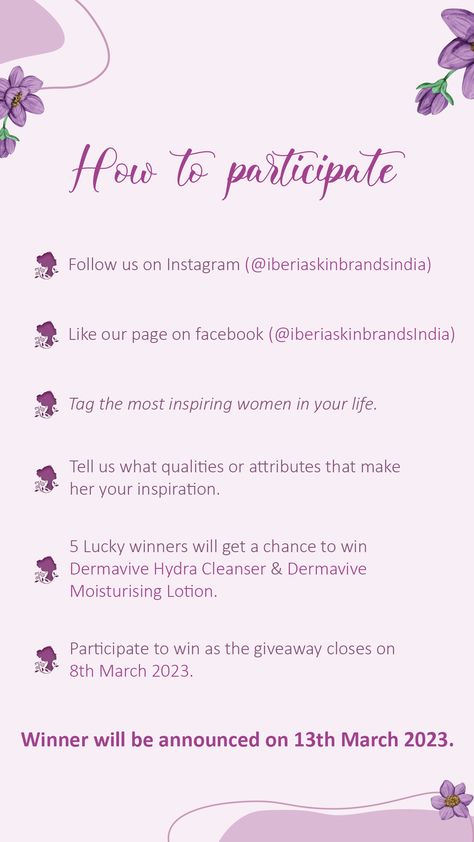 Skincare Giveaway in India | Iberia Skinbrands Giveaway Rules Ideas, Giveaway Rules, 8th March, Posts Ideas, 8 March, Inspiring Women, March 2023, Logo Background, Moisturizing Lotions