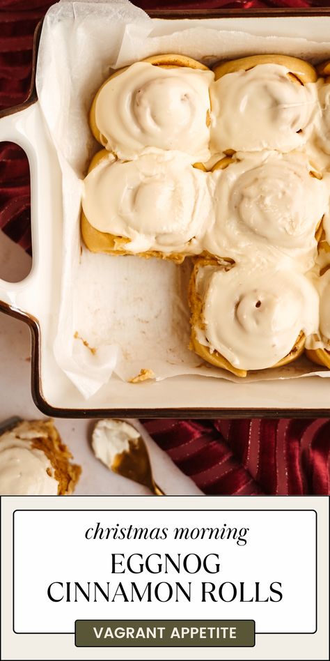 These eggnog cinnamon rolls are the ultimate breakfast to make on Christmas morning! With festive flavors and a warm, gooey texture, you won't be able to eat just one. Holiday Cinnamon Rolls, Eggnog Cinnamon Rolls, Eggnog Aesthetic, Christmas Sweet Rolls, Yule Breakfast, Egg Nog Cinnamon Roll, Christmas Breakfast Pastries, Egg Nog Muffins, Eggnog Breakfast Recipes