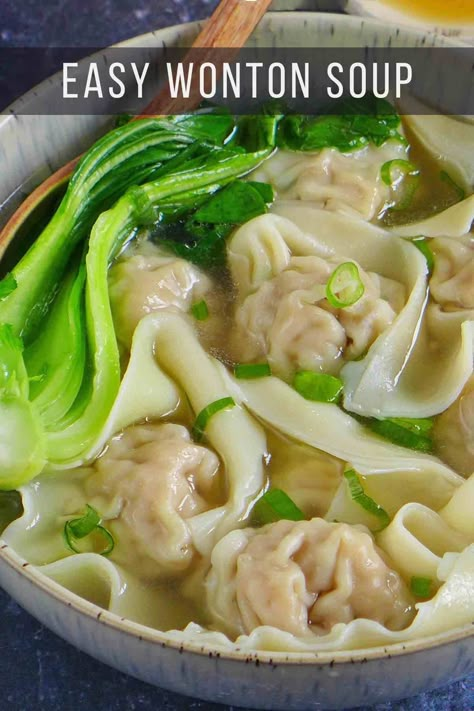 Tasty, juicy filling wrapped with slippery wrappers and served in an umami broth, this easy wonton soup makes a wonderful all-in-one meal. Wonton Soup Recipe, Asian Soup Recipes, Chinese Foods, Wonton Recipes, Ina Garten Recipes, Chinese Dumplings, Asian Soup, Wonton Wrappers, Wontons