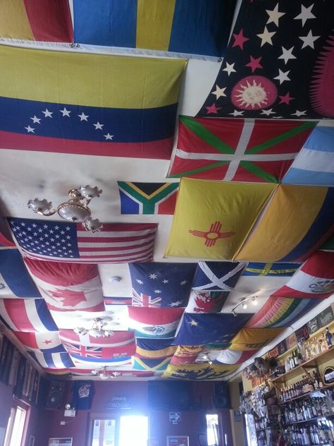 The ceiling! Flags On Ceiling, Wooden Countertops Kitchen, Wooden Countertops, Countertops Kitchen, The Ceiling, Country Flags, Countertops, Ceiling, Flag