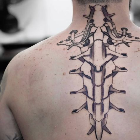 Robot Spine Tattoo, Mechanical Spine Tattoo, Cyberpunk Sandevistan Tattoo, Cyberpunk Tattoo Back, Cybernetic Spine, Cyberpunk Spine, Cyberpunk Back Tattoo, Sandevistan Tattoo, Bionic Tattoo