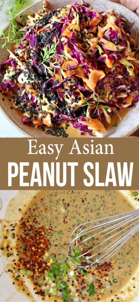 Peanut Slaw, Red Cabbage Recipes, Red Cabbage Slaw, Slaw Recipe, Asian Slaw, Peanut Dressing, Easy Asian, Slaw Recipes, Cabbage Slaw