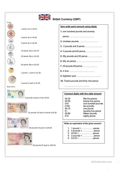 British Currency - English ESL Worksheets for distance learning and physical classrooms Financial Literacy Worksheets, British Currency, Counting Money Worksheets, Money Math Worksheets, British Values, Printable Alphabet Worksheets, Money Activities, Money Math, Money Worksheets