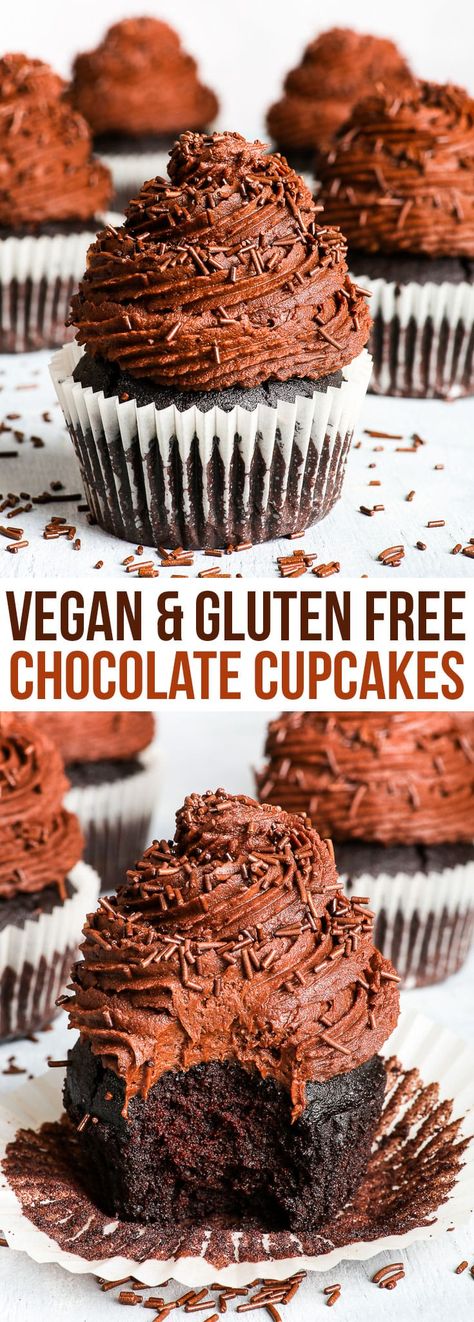 Gluten Free Vegan Chocolate Cupcakes {gluten, dairy, egg, nut & soy free, vegan} - Pure chocolate bliss in every single bite – these gluten free vegan chocolate cupcakes are bound to become everyone’s favourite. They look amazing, taste spectacular, and are super easy and quick to make! The perfect gluten free vegan dessert recipe. #vegan #glutenfree #chocolate #cupcakes #recipe #dessert Gluten Free Vegan Dessert, Gorgeous Cupcakes, Vegan Dessert Recipe, Healthy Vegan Dessert, Gluten Free Vegan Recipes Desserts, Gluten Free Chocolate Cupcakes, Vegan Chocolate Cupcakes, Cheesecake Vegan, Vegan Gluten Free Desserts