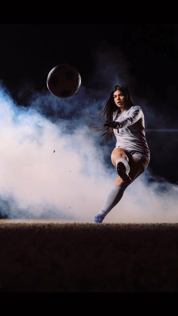 Fire Soccer Pics, Cool Sports Pictures, Soccer Senior Portraits, Professional Soccer Pictures, Senior Soccer Photoshoot, Senior Ambassador Photography, Soccer Headshots, Dramatic Sports Photography, Soccer Picture Ideas