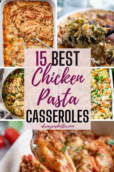 Looking for a quick & easy dinner tonight? You're sure to find something you love in this list of 15 easy chicken pasta casseroles. Loaded with comfort food goodness and lots of flavor, this is your new go-to for perfect weeknight pasta. Easy Chicken Recipes With Pasta, Chicken Pasta Recipes Casseroles, Pasta Casserole With Chicken, Chicken Pasta Casseroles, Healthy Chicken Pasta Casserole, Easy Chicken Casserole Recipes Pasta, Pasta Casserole Recipes For Dinner, Pulled Chicken Pasta, Easy Casserole Recipes For Dinner Chicken Pasta Bake