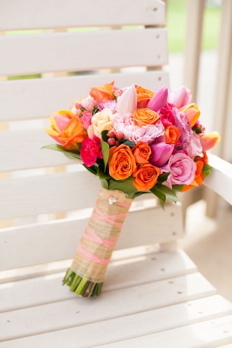 Orange, Pink and Coral Bridal Bouquet Coral Bridal Bouquet, Tulip Wedding Bouquet, Tiptoe Through The Tulips, Bridal Bouquet Coral, Orange Wedding Bouquet, Small Wedding Decor, Orange And Pink Wedding, Wedding Bouquet Ideas, Flower Boquet