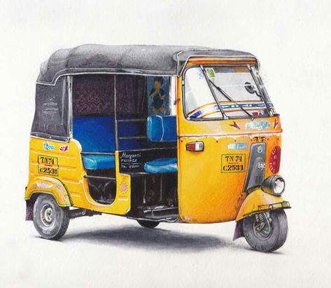 Tuk Tuk Illustration, Kerala Bus, Car Drawing Pencil, Academic Drawing, Alpona Design, Quick Sketches, Pencil Drawings Of Animals, Watercolor Art Landscape, 2d Illustration