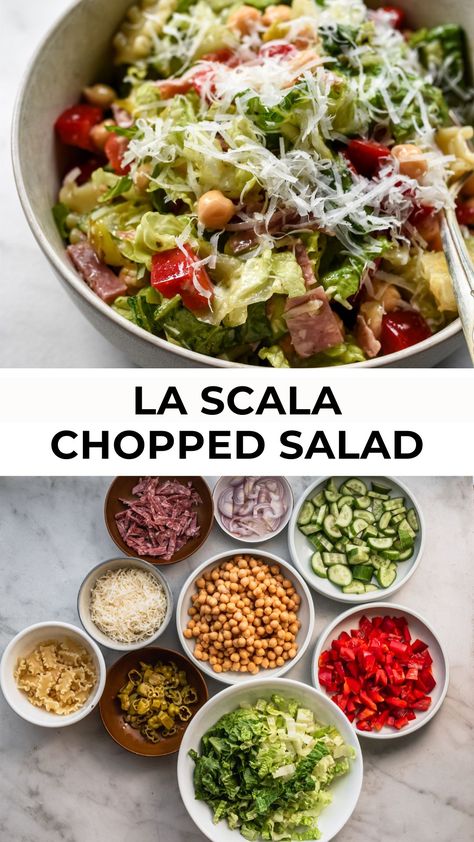 A delicious, Italian-style salad packed full of flavor: the famous La Scala Chopped Salad. This TikTok viral salad tastes like an Italian sub with salami, pepperoncini, and marinated chickpeas. The Italian-style vinaigrette makes it especially punchy and bright. It's so easy and so good—an Italian chopped salad you'll enjoy all summer long! Spicy Italian Salad, Famous La Scala Chopped Salad, Best Italian Salad Recipes, La Scala Salad Recipe, Sub Salad Italian, Chopped Salad Recipes Italian, Italian Chopped Salad Recipes, Italian Chop Salad, La Scala Chopped Salad Recipe