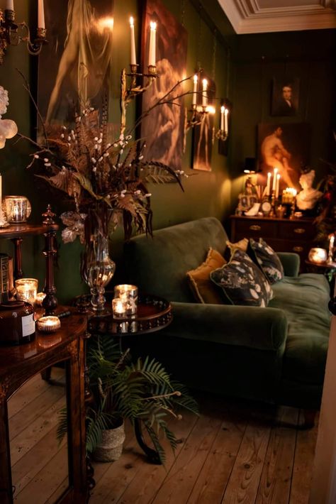 Black And Green Home Aesthetic, Moody Gothic Living Room, Black And Emerald Green Living Room, Green Gothic Living Room, Dark Green Lounge Ideas, Deep Green Living Room Walls, Dark Green Moody Living Room, Green Living Room Aesthetic, Whimsigoth Living Room