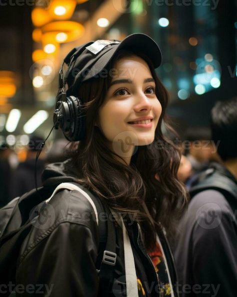 a woman wearing headphones and a baseball cap generative ai Person With Headphones Reference, Women With Headphones, Holding Headphones Pose, Headphones Photoshoot, Girl Wearing Cap, Woman Wearing Headphones, Item Reference, Headphones Aesthetic, Wearing Headphones