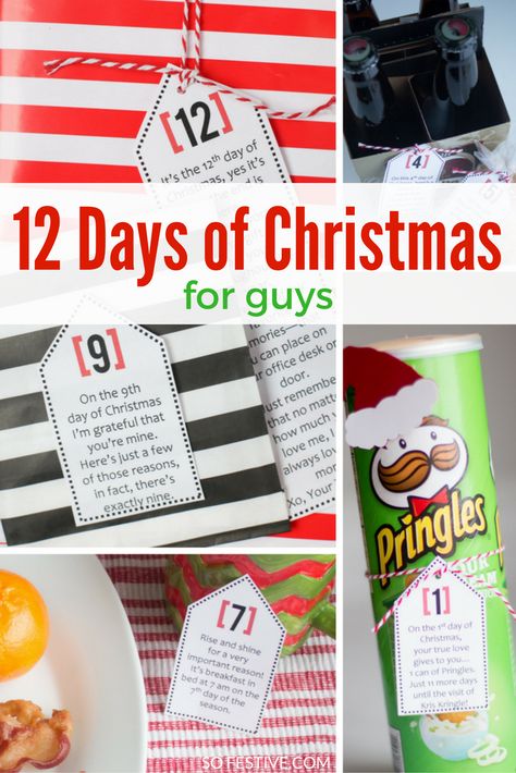 Cute 12 Days of Christmas ideas for guys-- printable tags with poems and gift ideas Christmas Gifts For Guys, 12 Days Of Christmas Ideas, Days Of Christmas Ideas, Christmas Husband, Christmas Ideas For Boyfriend, 12 Days Of Xmas, Christmas Bib, Winter Drink, Gifts For Guys