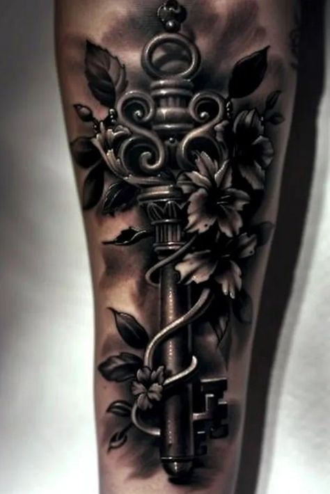 Tattoo idea: tattoo sketch Vintage Key with Floral Vines An old-fas Old Key Tattoo, Vines Sketch, Symmetrical Tattoo, Idea Tattoo, Key Tattoos, Key Tattoo, Japanese Pagoda, Samurai Helmet, New Tattoo Designs