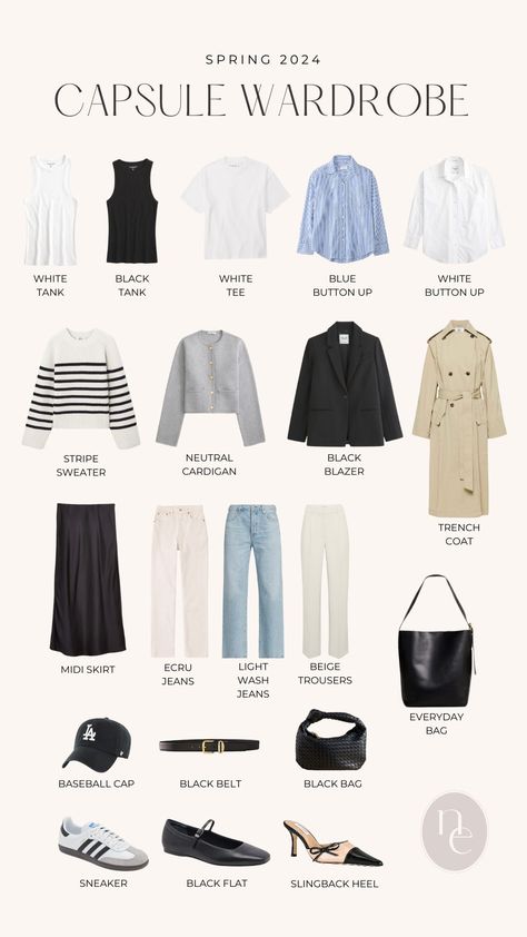 Spring Capsule Wardrobe - Nena Evans 70s Coastal, Travel Capsule Wardrobe Spring, Family Dinner Outfit, Chic Capsule Wardrobe, Basic Clothing, Week Outfits, Capsule Wardrobe Casual, Spring Travel, Mommy Outfits