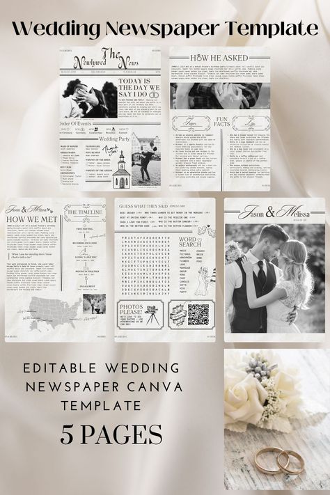 Get ready to impress your guests with our customizable wedding newspaper template! This fully editable template lets you create a personalized program to showcase your love story. Our template will let you check off your wedding program off of you wedding planning list. Our newspaper-style program offers a unique way to engage your guests while they await the big moment. With Canva, designing the perfect program has never been easier! Wedding Newspaper Invitation, Wedding Program Newspaper, Newspaper Wedding Announcement, Newspaper Wedding Invitations, Wedding Newspaper Save The Date, Newspaper Wedding Programs Template, Wedding Program Template Free, Wedding Newspaper Template, Wedding Planning List