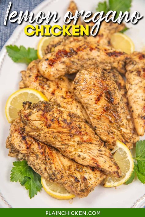 Grilled Lemon Oregano Chicken – chicken tenders marinated in oregano, olive oil, garlic, Worcestershire sauce, and lemon juice. Serve it alongside a refreshing Greek salad and fluffy couscous for a vibrant and satisfying meal that's sure to become a family favorite. Lemon Oregano Chicken, Plain Chicken Recipe, Oregano Chicken, Grilled Lemon Chicken, Grilled Lemon, Olive Oil Garlic, Tasty Kitchen, Chicken Main Dishes, Baked Chicken Breast