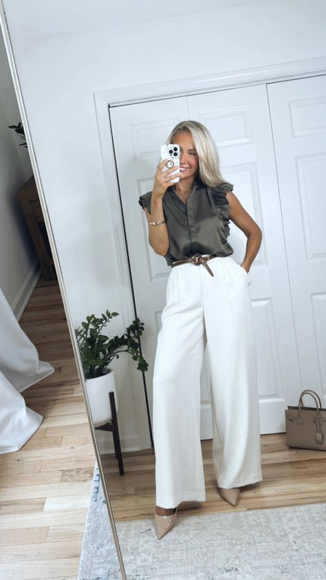 Boss Business Women Outfits, Therapist Outfits Women Business, Boss Business Women, High-waisted Neutral Dress Pants For Work, High-waisted Belted Pants For Business Casual, Chic Neutral Blouse For Work, Beige Button-up Business Casual Top, Business Casual High-waisted Neutral Pants, Business Women Outfits