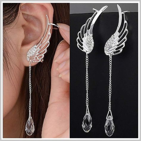 Cngstar Angel Wing Silver Plated Crystal Tassel Chain Drop Ear Cuff Stud Rhinestone Dangle Clip Earrings For Women Cincin Diy, Silver Crystal Earrings, Fashion Angels, Tassel Earing, Angel Wing Earrings, Tassel Jewelry, Ear Stud, Wing Earrings, Earrings Drop