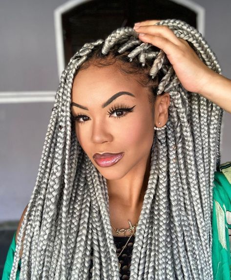 Grey And Purple Box Braids, Grey Braids Hairstyles, Silver Box Braids, Silver Hair Braids, Box Braids Inspiration, Silver Braids, Grey Braids, Grey Box Braids, Purple Box Braids