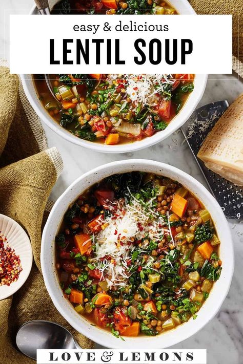 Meet the BEST lentil soup recipe! Made with dried lentils, fresh vegetables, flavorful spices, and hearty greens, it's simple, nourishing, and delicious. Lentil Crockpot Soup, Easy Lentil Soup Recipe, Crockpot Lentil Soup, Lentil Soup Crockpot, Lentil Spinach Soup, Beef Lentil Soup, Veggie Lentil Soup, Vegetable Lentil Soup, Warming Foods