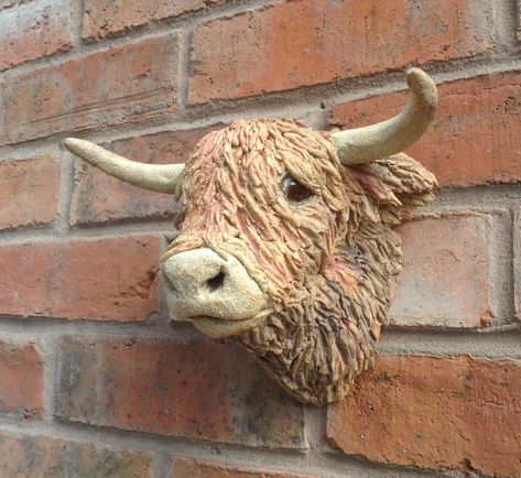 Highland Cow Sculpture, Clay Mask Art, Ceramic Monsters, Highland Cow Art, Ceramic Wall Sculpture, Coil Pottery, Dremel Carving, Pottery Animals, Ceramic Art Sculpture