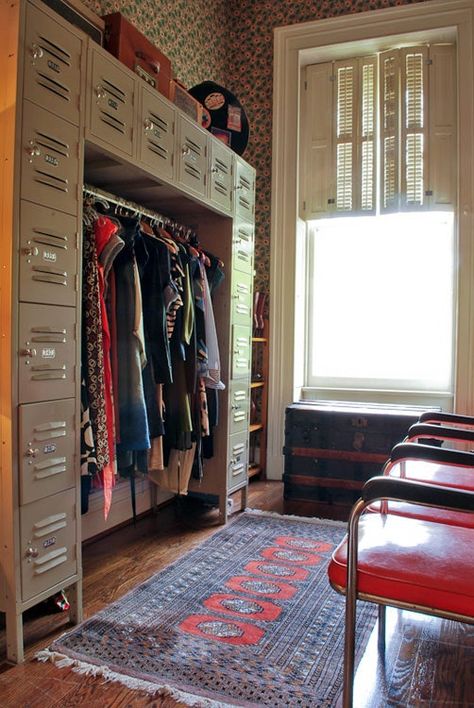 Eclectic Industrial, Vintage Lockers, Organized Closet, Apartment Storage, Open Closet, Metal Lockers, Maximalist Decor, The Closet, My New Room