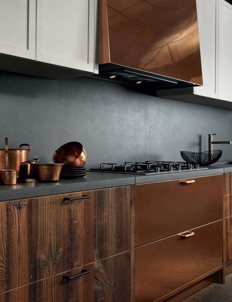 Five fall design trends: mismatched cabinets, dark and matte colors Kitchen Countertop Trends, Concrete Backsplash, Pergola Design, Concrete Kitchen, Contemporary Kitchen Design, Copper Kitchen, Kitchen Trends, Grey Kitchen, Trendy Kitchen