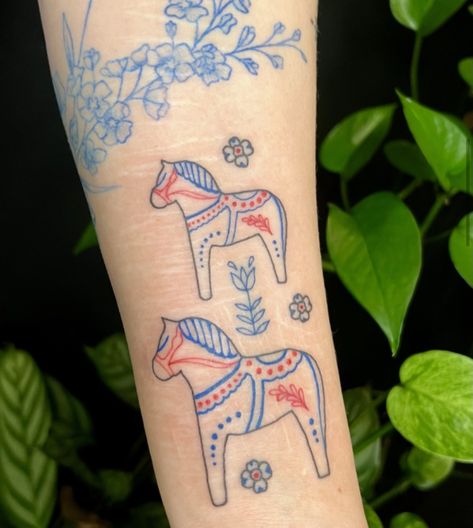 Swedish Horse Tattoo, Dala Horse Tattoo, Swedish Tattoo Ideas, Artichoke Tattoo, Sweden Tattoo, Welsh Tattoo, Swedish Tattoo, Grandpa Tattoo, Dutch Tattoo