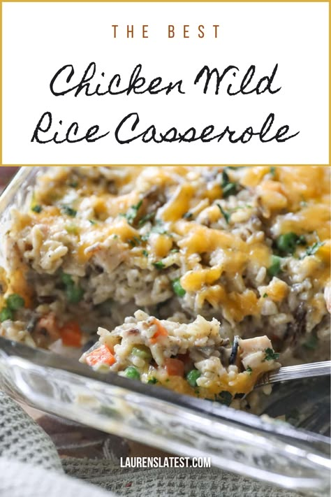 One of my favorites, this Chicken Wild Rice Casserole is a simple mixture of chicken, wild rice, frozen vegetables and cheese thats baked until bubbling! Chicken And Wild Rice Casserole Easy, Chicken Wild Rice Casserole, Chicken Wild Rice, Wild Rice Recipes, House Chicken, Wild Rice Casserole, Broccoli Rice Casserole, Casserole Easy, Rice Casserole Recipes