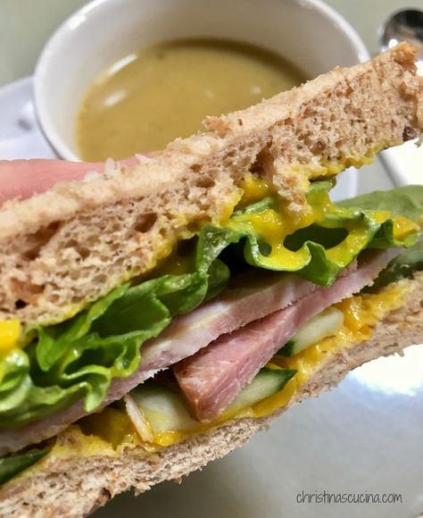 Ham piccalilli and cucumber sandwich Sandwich Pickles, Ham Sandwich Recipes, Oven Baked Fish, Mushroom Risotto Recipes, How To Make Risotto, Appetizer Sandwiches, Cucumber Sandwiches, Candied Sweet Potatoes, Ham Sandwiches