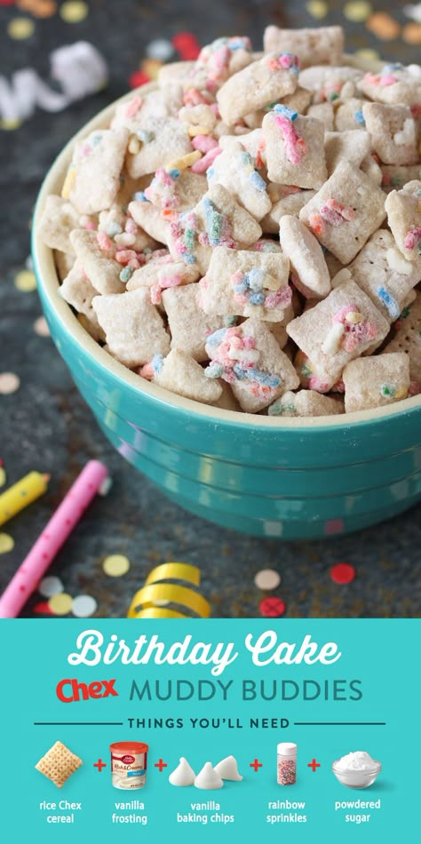 Looking for a twist on a classic treat? Birthday Cake Muddy Buddies are the perfect addition to any birthday celebration! Made with frosting and sprinkles, this delicious treat has the yummy taste of vanilla cake in every bite. Cereal Desserts, Chex Muddy Buddies, Chex Recipes, Muddy Buddies Recipe, Muddy Buddy, Puppy Chow Recipes, Birthday Cake Flavors, Chex Mix Recipes, Muddy Buddies