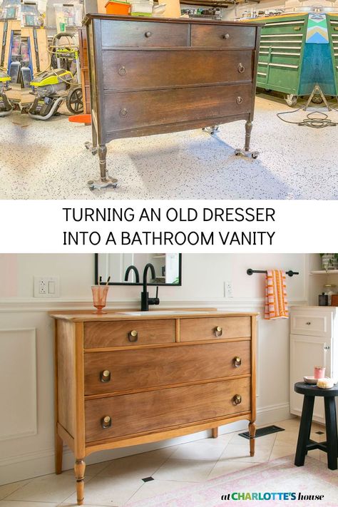 Diy Vanity From Dresser, Dresser To Sink Vanity Diy, Diy Dresser Sink, Bathroom Vanity Old Dresser, Sink In Furniture, Diy Bathroom Vanity Dresser, Diy Vanity Sink Bathroom, Dresser To Vanity Diy, Upcycling Bathroom Vanity