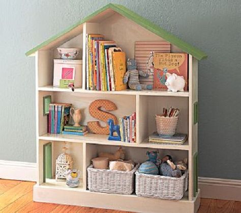 Love this little dollhouse shaped bookshelf Girls Bookcase, Hydrangea House, Pottery Barn Bookcase, Dollhouse Bookshelf, Dollhouse Bookcase, Toy Storage Solutions, Bookcase Design, Bookshelf Design, Kids Bookcase