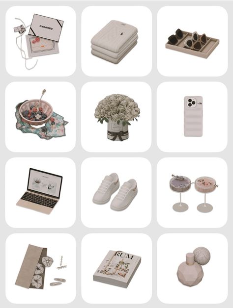 random deco bag in box || folded sweaters || sunglasses || berries || flowers in box || phone || laptop || sneakers || cocktails || hair accessories || book || perfume || Sims 4 Gift Boxes Cc, Sims 4 Luxury Clutter, Sims 4 Cc Purse Accessory, Sims 4 Cc Flowers Decor, Sims 4 Folded Clothes Cc, Phone Mods Sims 4, Sims 4 Hermes Cc, Sims 4 Cc Furniture Clutter Bedroom, Sims 4 Cc Designer Bags Clutter