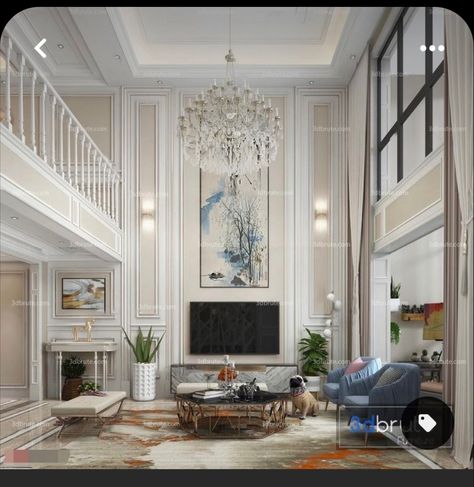 High Ceiling Living Room Modern, American Classic Interior, Double Height Living Room, American Style Interior, Living Room Wall Designs, Living Room Classic, Bedroom Addition, High Ceiling Living Room, Drawing Room Decor