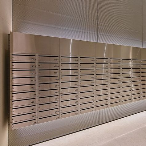 Mail Room Design, Post Box Design, Post Office Design, Mail Box Design, Apartment Mailbox, Residential Building Entrance, Apartment Mailboxes, Office Mailboxes, Cluster Mailboxes