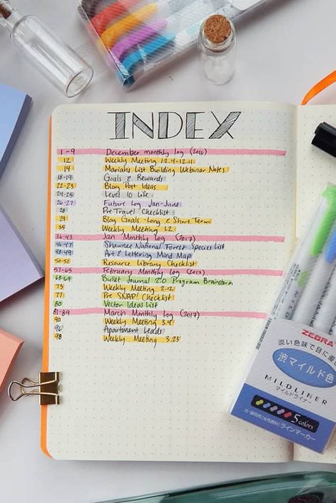 The index is the heart of your bullet journal, but there is always room to improve. Click through to see how to make a Bullet Journal index & learn six super simple index hacks to take your planning to the next level!  Most notebooks that people use for bullet journaling contain over 200 pages. When you first start your bullet journal, it seems easy to keep track of them all. But it can quickly become overwhelming. Keep an index, and never lose track! #bulletjournalindex #bulletjournalhacks Index Journal, Bullet Journal Index, Bullet Journal For Beginners, Bullet Journal Key, Pattern Meaning, Travel Journal Scrapbook, Journal Organization, Creating A Bullet Journal, Easy Hacks