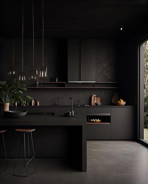 Minimalist Bar Stools, Black Kitchen Aesthetic, Black Home Design, Contemporary Black Kitchen, Black Modern House, Monochromatic Kitchen, All Black Kitchen, Kitchen Wallpaper Ideas, Black Cabinetry